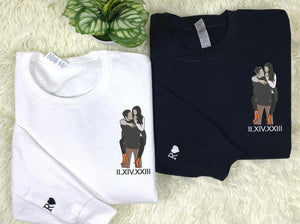 Gift for Newly Married Couple with Photo Portrait Sweatshirt Embroidered, Initial Heart on sleeve
