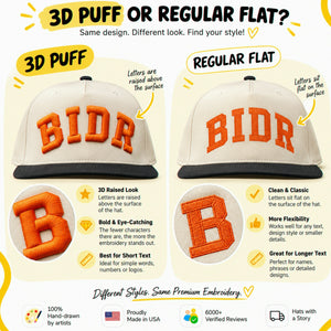Custom Puff Text Snapback Hats - 3D Embroidered Your Text, Name, Logo on Front, Side & Back