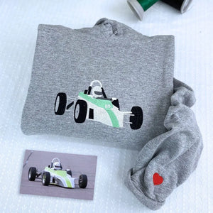 Custom embroidered hoodie with race car stitched from photo – personalized gift for car lover