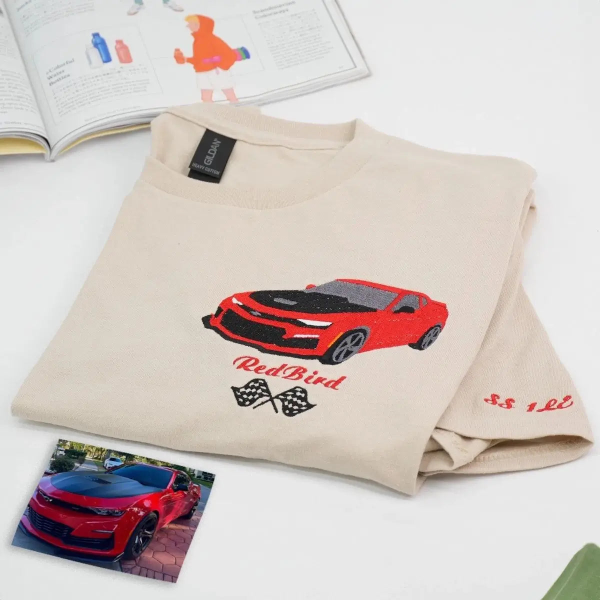 Custom embroidered shirt with race car stitched from photo – personalized gift for car lover