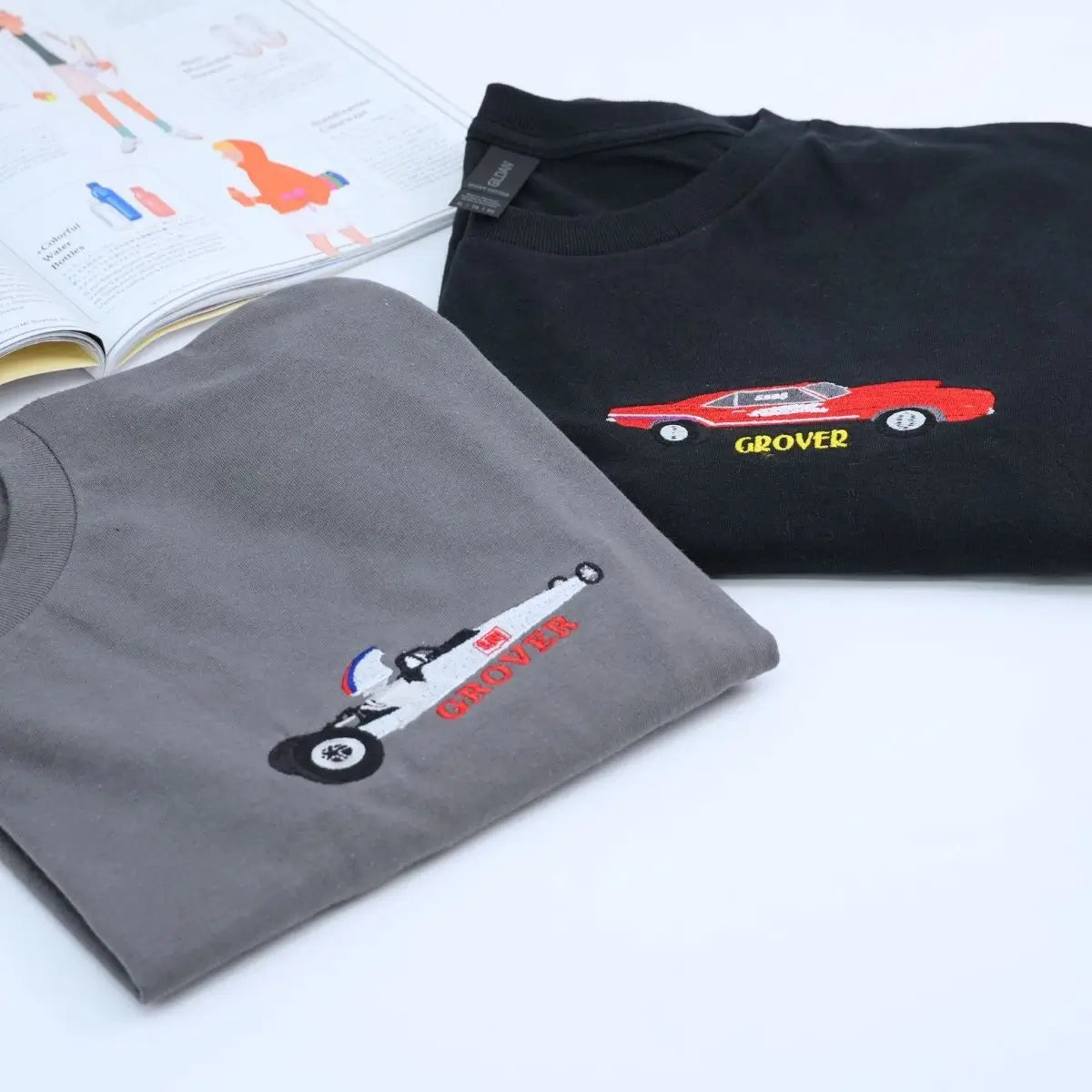 Custom embroidered shirt with race car stitched from photo – personalized gift for car lover