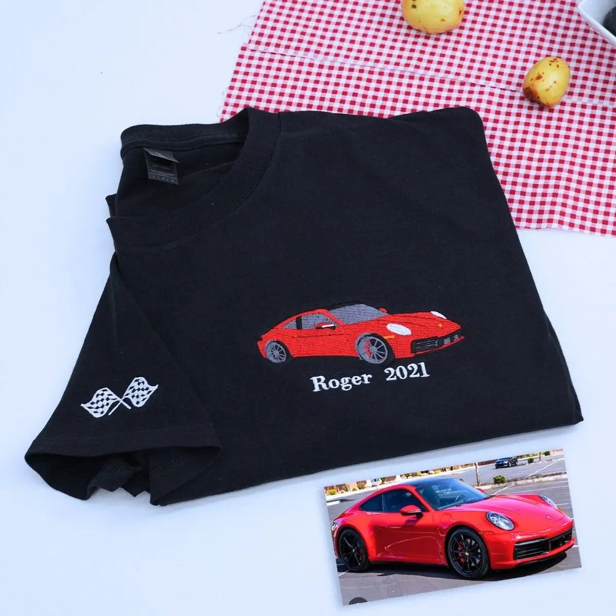 Custom embroidered shirt with race car stitched from photo – personalized gift for car lover