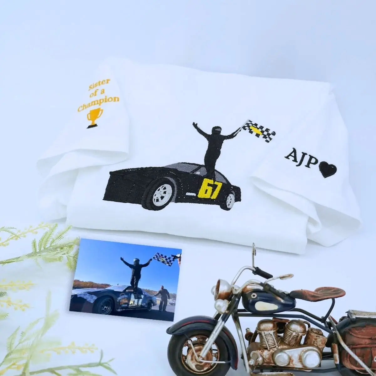 Custom embroidered shirt with race car stitched from photo – personalized gift for car lover