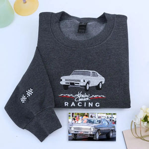 Custom embroidered sweatshirt with race car stitched from photo – personalized gift for car lover