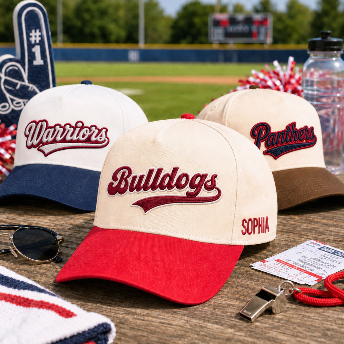 Custom Retro Sports Team Snapback Hats - Embroidered Game Day Text, Name, City, State on Front, Side & Back