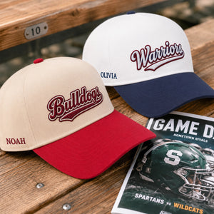 Custom Retro Sports Team Snapback Hats - Embroidered Game Day Text, Name, City, State on Front, Side & Back