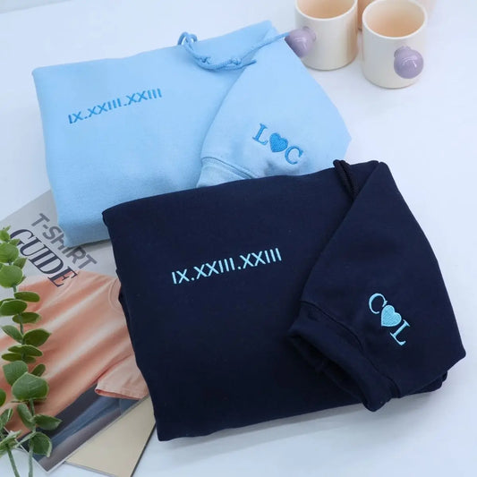 Custom embroidered hoodie with Roman numeral date on chest, minimalist design, perfect anniversary or birthday gift