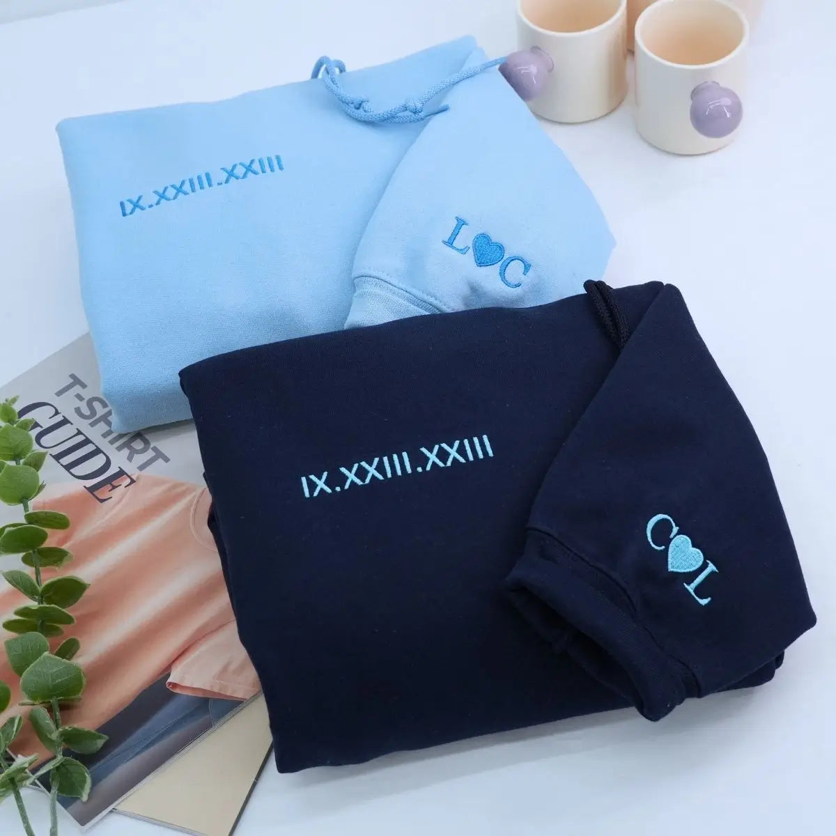 Custom embroidered hoodie with Roman numeral date on chest, minimalist design, perfect anniversary or birthday gift