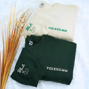 Custom embroidered hoodie with Roman numeral date on chest, minimalist design, perfect anniversary or birthday gift