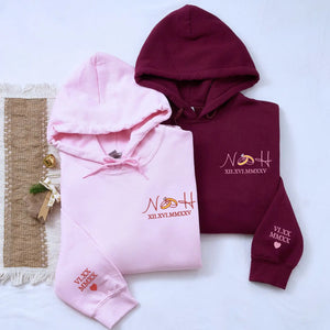 Custom embroidered Roman numeral wedding date sweatshirt with ring initials, personalized hoodie gift for bride and groom