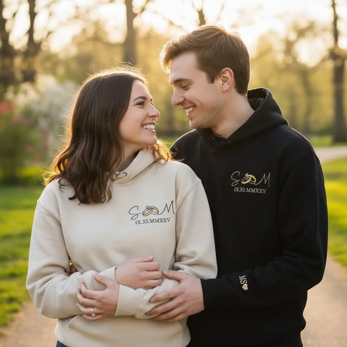 Custom embroidered Roman numeral wedding date sweatshirt with ring initials, personalized hoodie gift for bride and groom