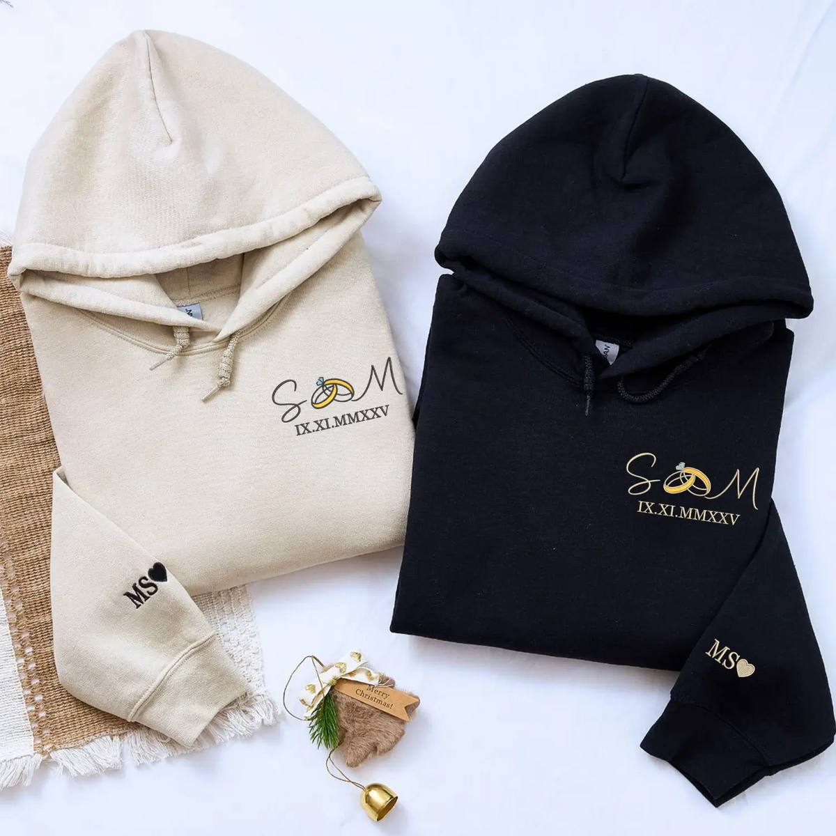 Custom embroidered Roman numeral wedding date sweatshirt with ring initials, personalized hoodie gift for bride and groom