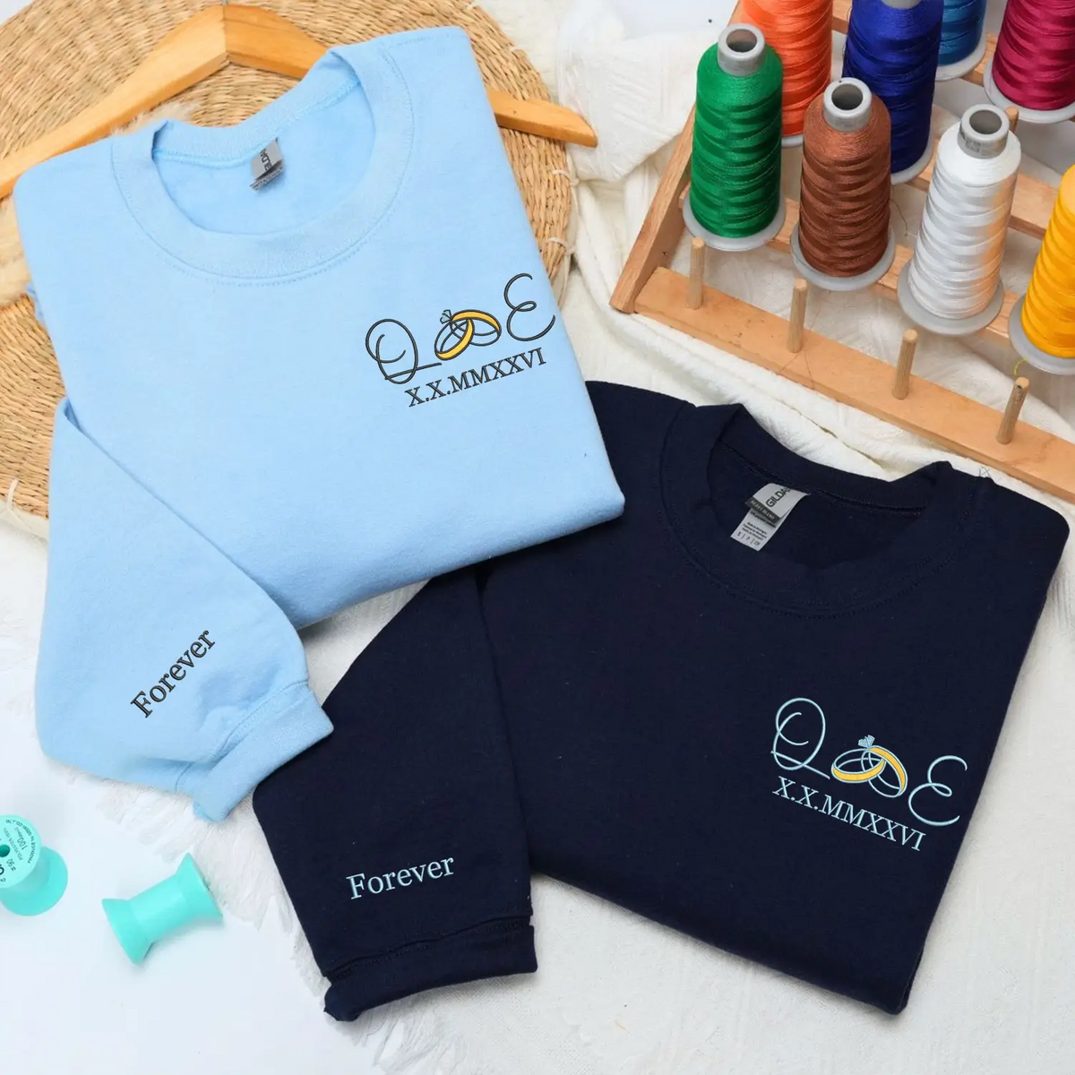 Custom embroidered Roman numeral wedding date sweatshirt with ring initials, personalized hoodie gift for bride and groom