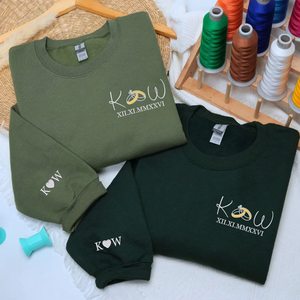 Custom embroidered Roman numeral wedding date sweatshirt with ring initials, personalized hoodie gift for bride and groom