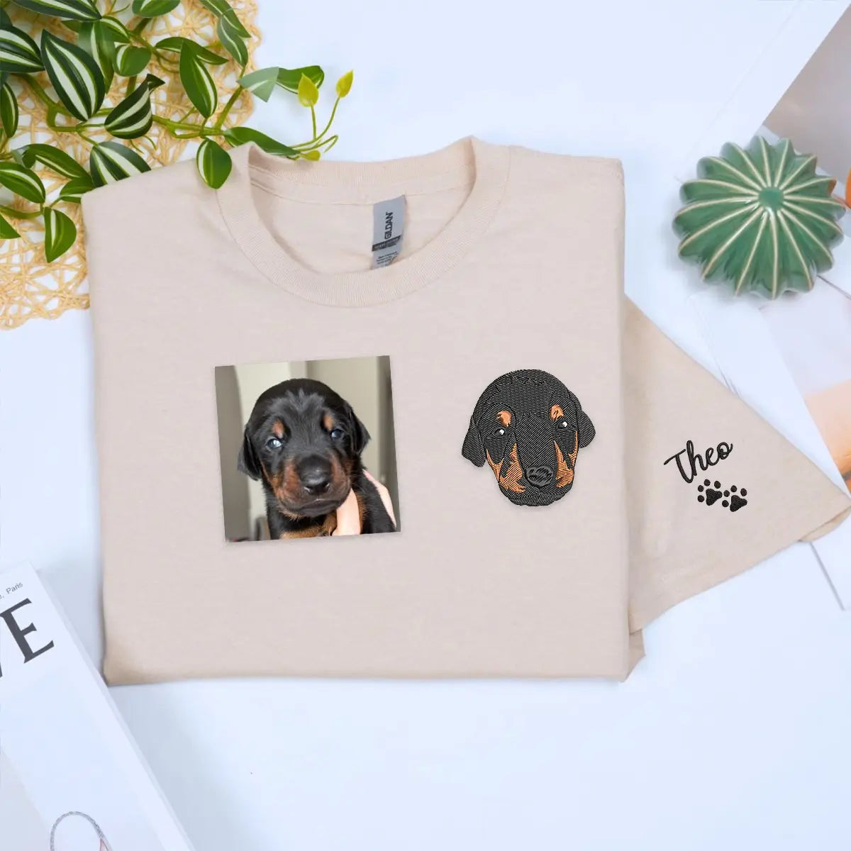 Custom embroidered shirt featuring a Rottweiler dog portrait and name on sleeve, ideal gift for dog dads or pet lovers.