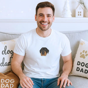 Custom embroidered shirt featuring a Rottweiler dog portrait and name on sleeve, ideal gift for dog dads or pet lovers.