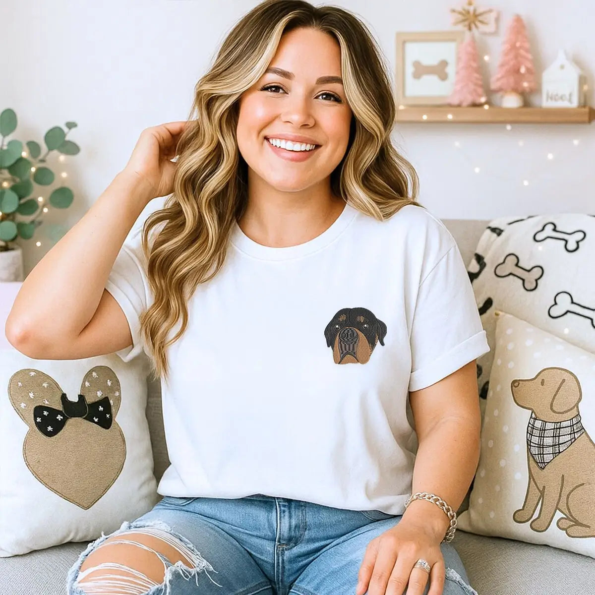 Custom embroidered Rottweiler mom shirt with dog photo on chest and pet name on sleeve, perfect gift for dog lovers