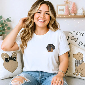 Custom embroidered Rottweiler mom shirt with dog photo on chest and pet name on sleeve, perfect gift for dog lovers