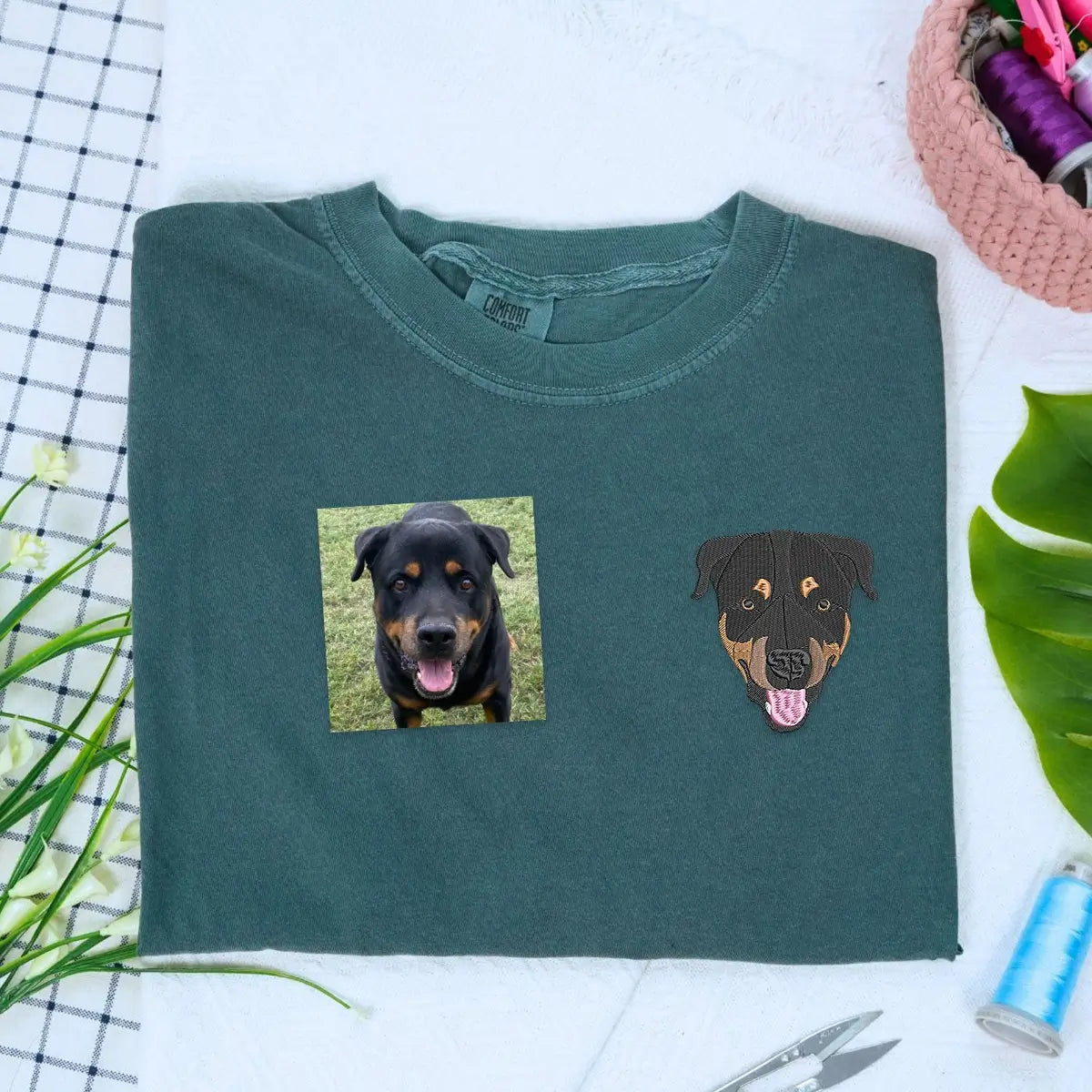 Custom embroidered Rottweiler mom shirt with dog photo on chest and pet name on sleeve, perfect gift for dog lovers