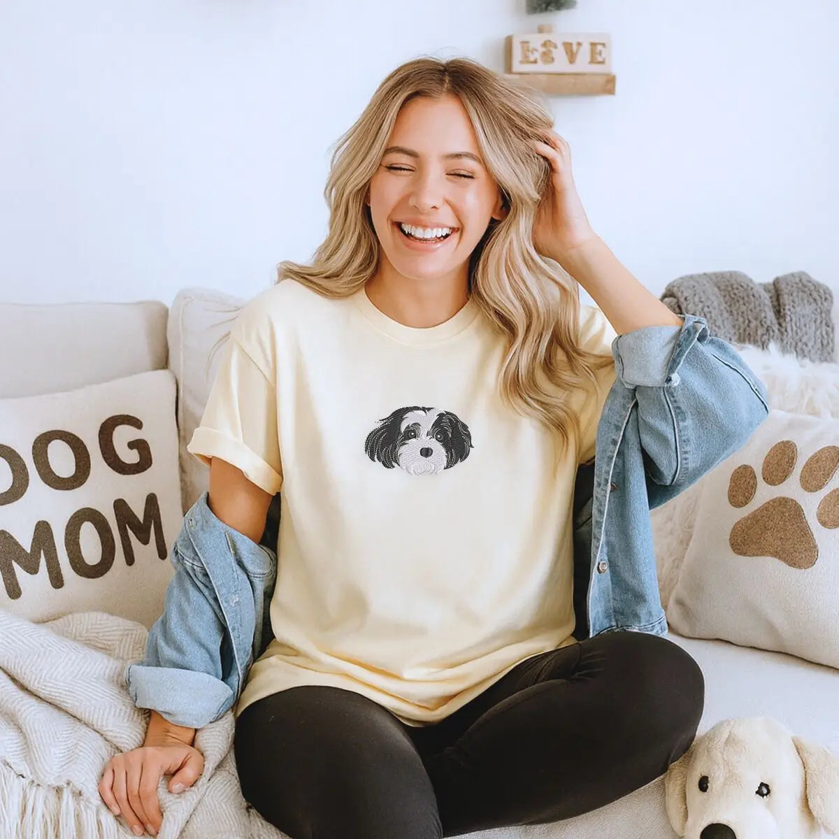 Embroidered shirt featuring custom Shih Tzu portrait and name on sleeve