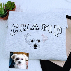 Embroidered shirt featuring custom Shih Tzu portrait and name on sleeve