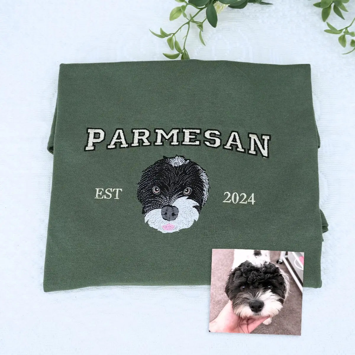 Embroidered shirt featuring custom Shih Tzu portrait and name on sleeve