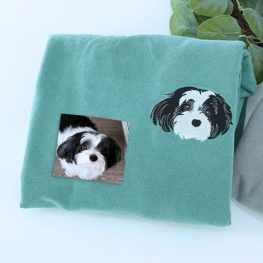 Embroidered shirt featuring custom Shih Tzu portrait and name on sleeve