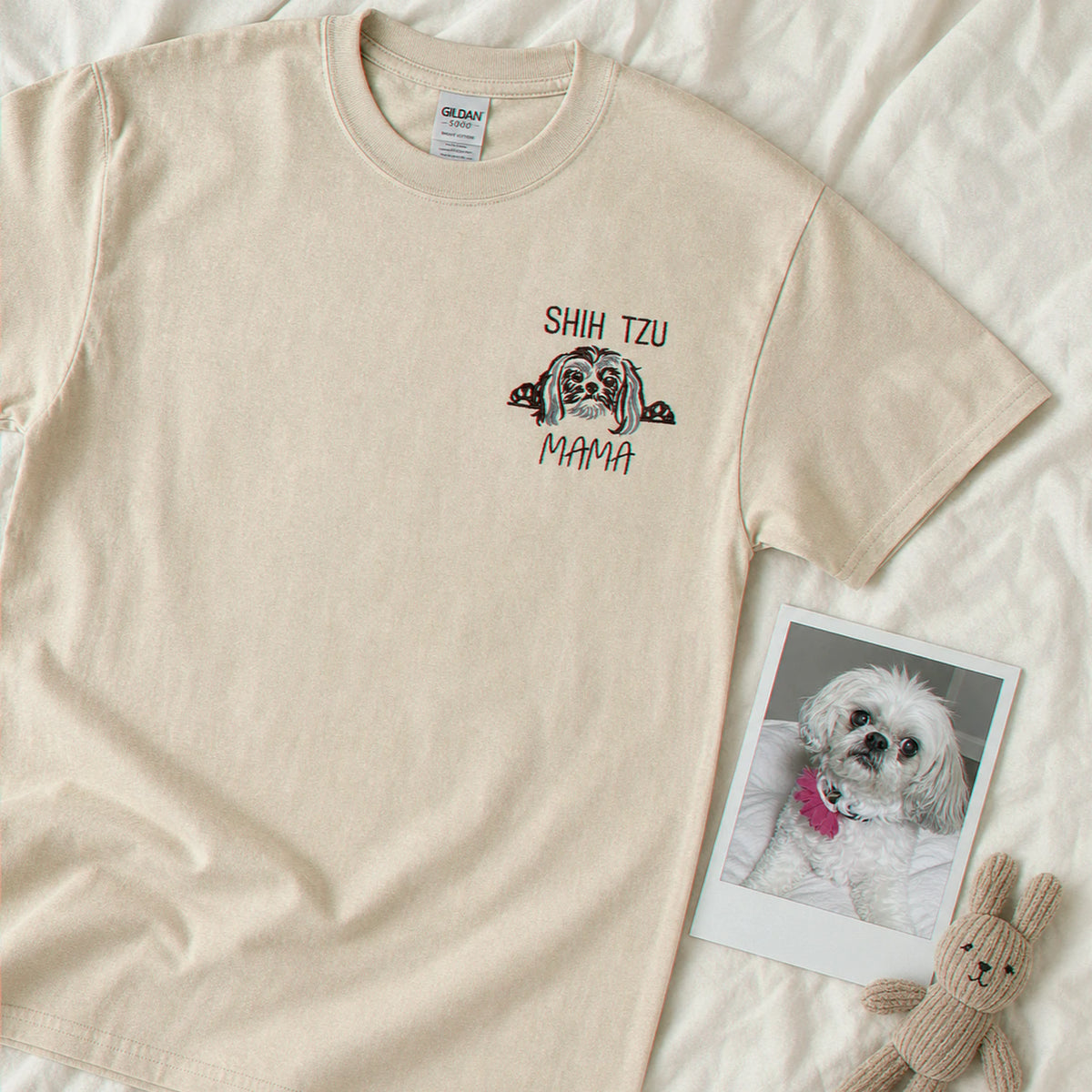 Custom Shih Tzu Outline T-Shirt - Minimalist Embroidered Pet Photo Line Art Tee & Name for Dog Parent