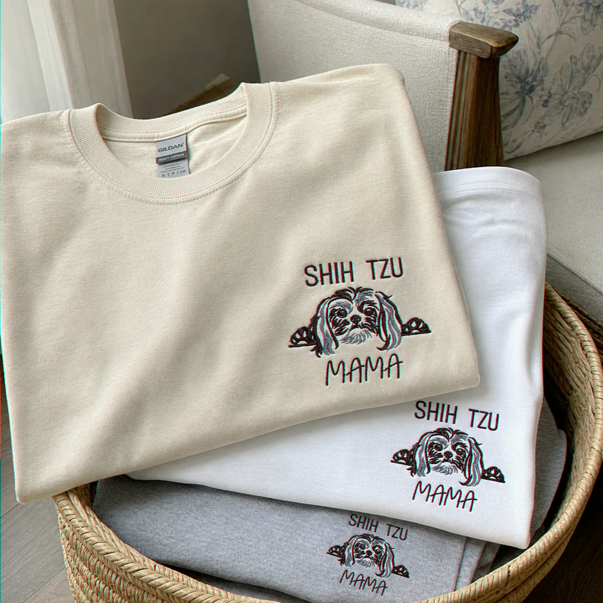 Custom Shih Tzu Outline T-Shirt - Minimalist Embroidered Pet Photo Line Art Tee & Name for Dog Parent