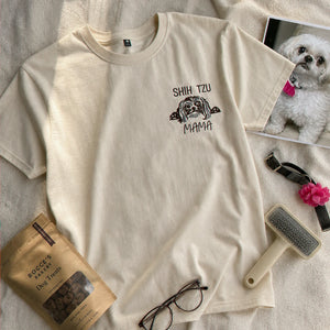 Custom Shih Tzu Outline T-Shirt - Minimalist Embroidered Pet Photo Line Art Tee & Name for Dog Parent