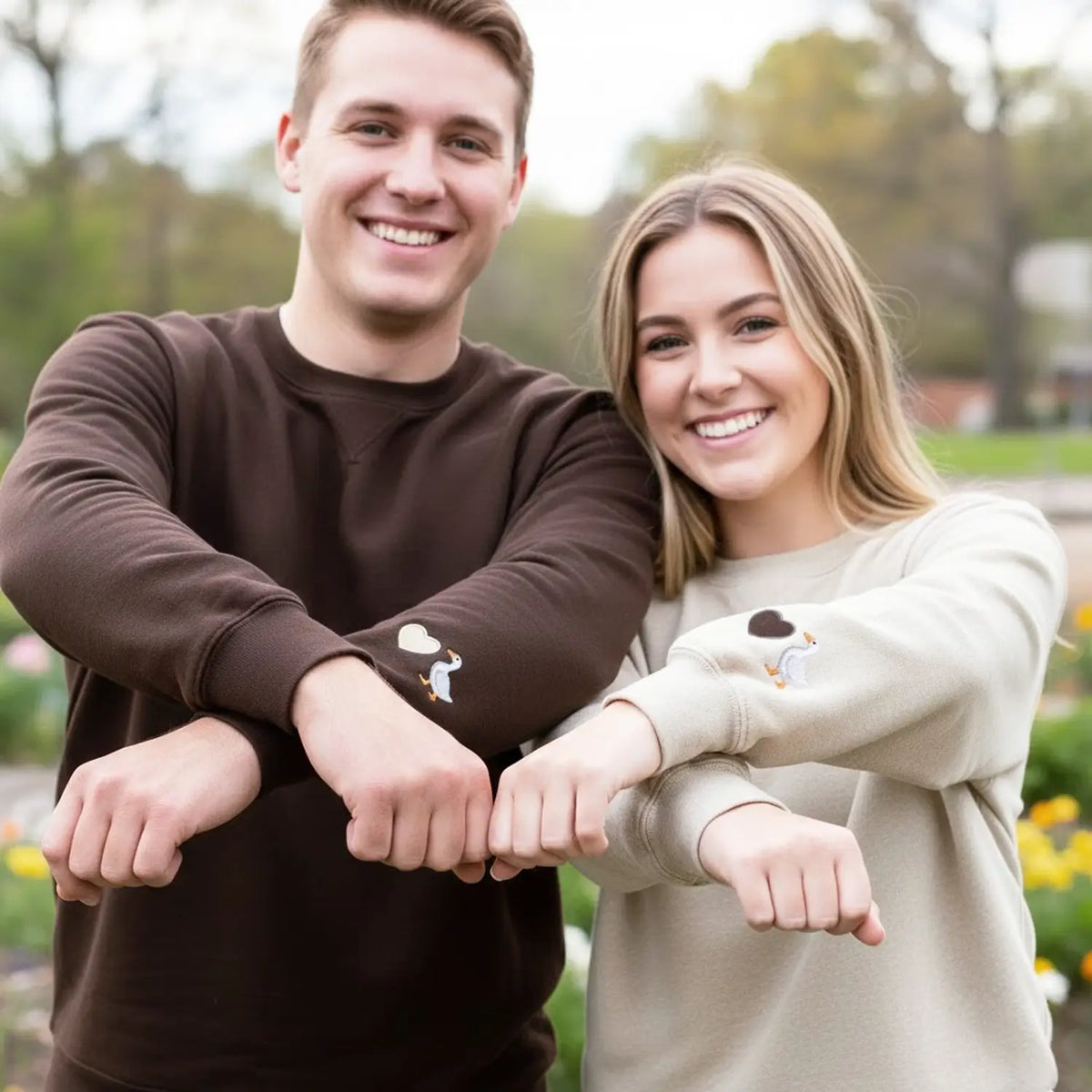 Custom embroidered heart goose sleeve hoodie for couples, personalized his and hers matching sweatshirt gift