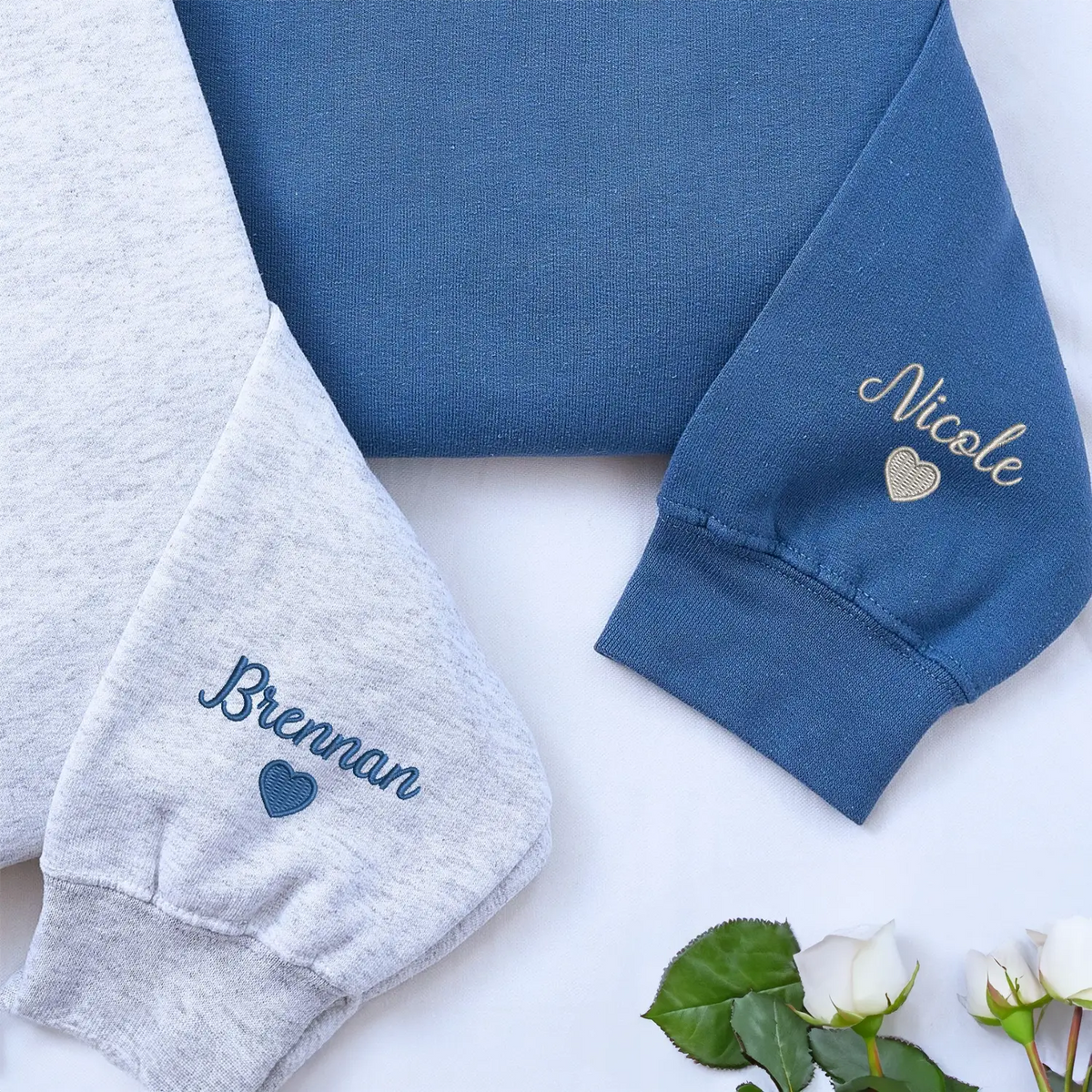 Custom embroidered sleeve hoodie for couples, personalized his and hers matching sweatshirt gift