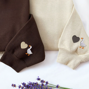 Custom embroidered heart goose sleeve hoodie for couples, personalized his and hers matching sweatshirt gift