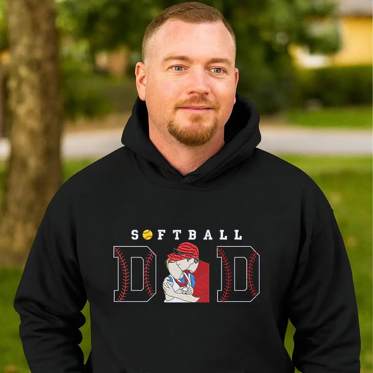 Custom embroidered hoodie for softball dad featuring stitched photo and kid's name on sleeve