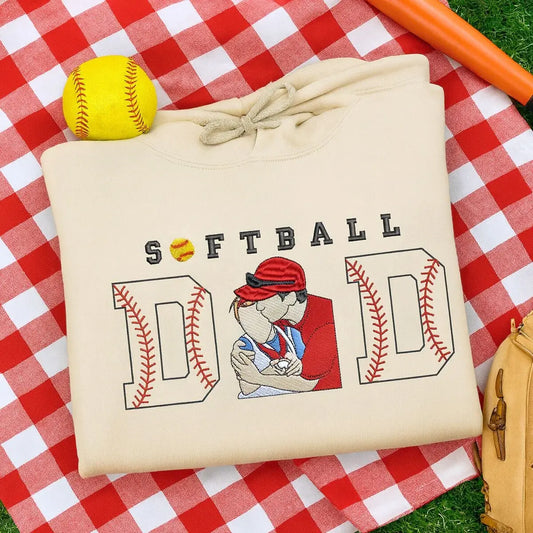 Custom embroidered hoodie for softball dad featuring stitched photo and kid's name on sleeve