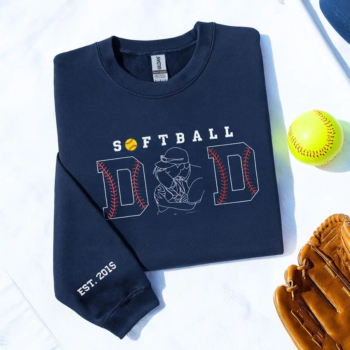 Custom embroidered softball dad sweatshirt with photo portrait and kid's name on sleeve