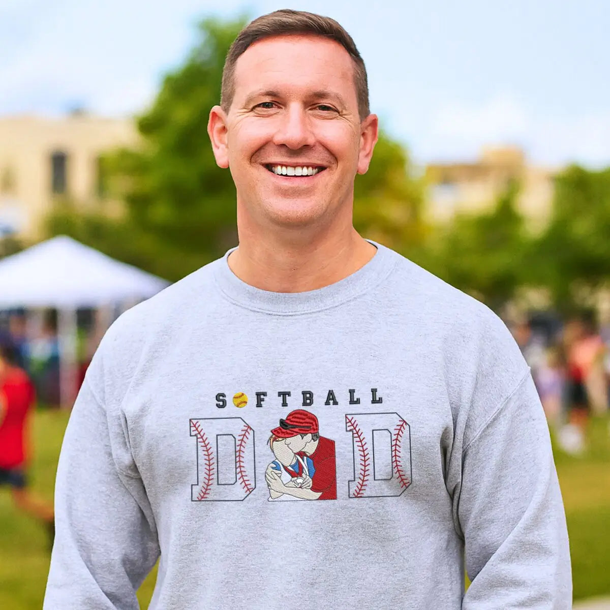 Custom embroidered softball dad sweatshirt with photo portrait and kid's name on sleeve