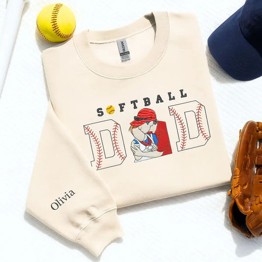 Custom embroidered softball dad sweatshirt with photo portrait and kid's name on sleeve