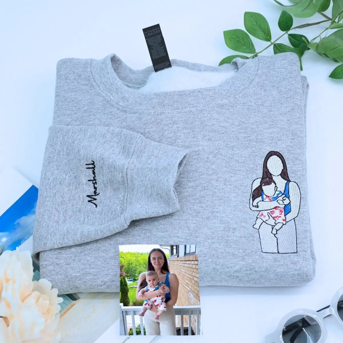 Embroidered custom hoodie for mom featuring kids' photo, gift from husband for Mother's Day or birthday