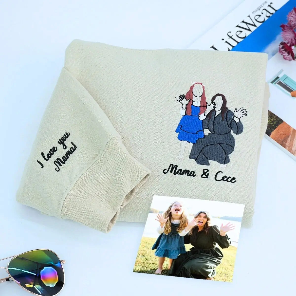 Embroidered custom hoodie for mom featuring kids' photo, gift from husband for Mother's Day or birthday