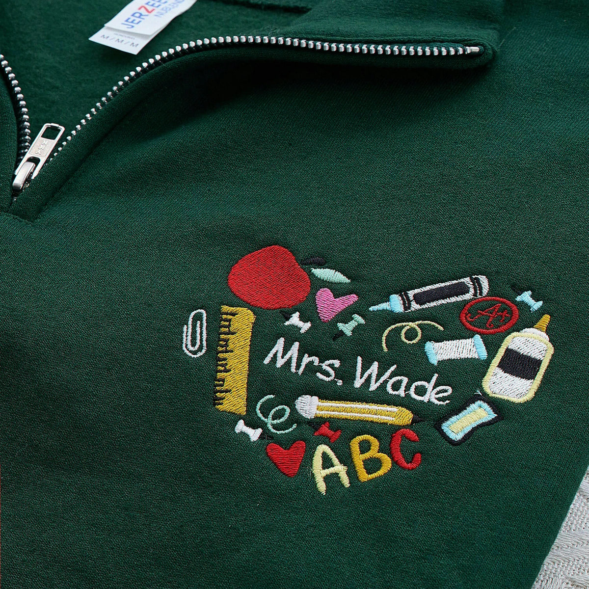 Personalized Back to School Teacher Quarter Zip for Wife - Embroidered Name & School Elements Heart, Teacher Appreciation Gift