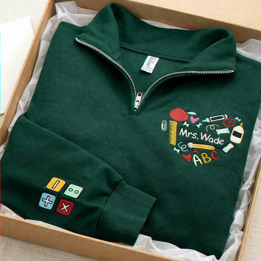 Personalized Back to School Teacher Quarter Zip for Wife - Embroidered Name & School Elements Heart, Teacher Appreciation Gift
