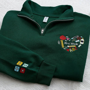 Personalized Back to School Teacher Quarter Zip for Wife - Embroidered Name & School Elements Heart, Teacher Appreciation Gift