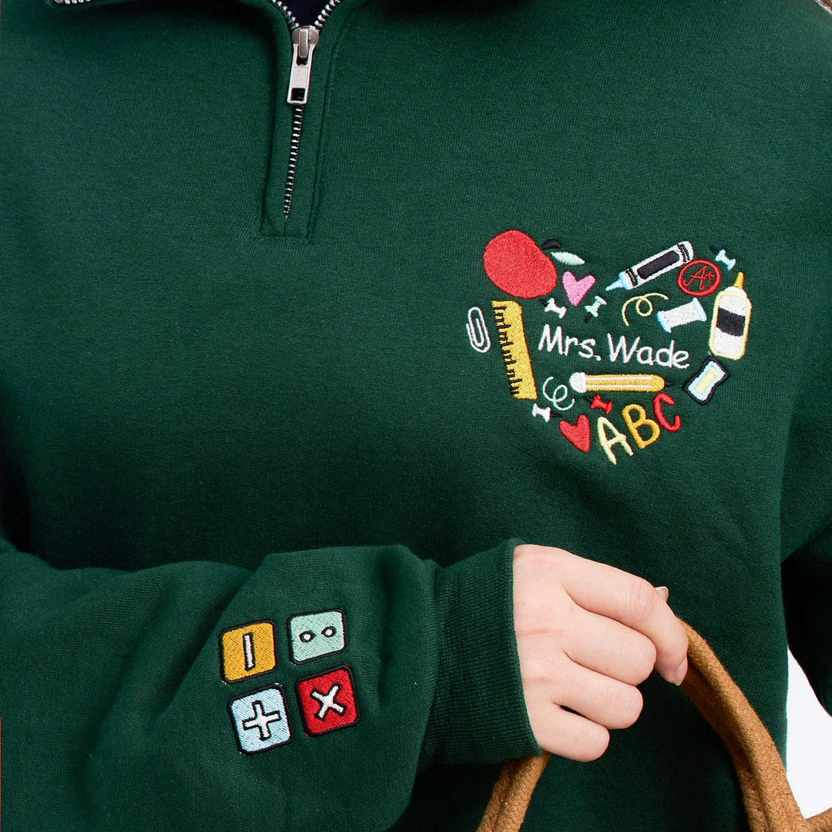 Personalized Back to School Teacher Quarter Zip for Wife - Embroidered Name & School Elements Heart, Teacher Appreciation Gift