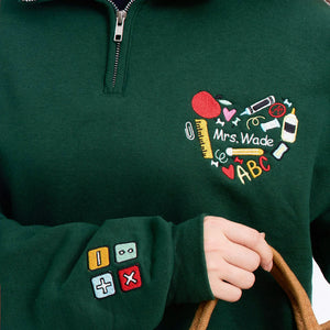 Personalized Back to School Teacher Quarter Zip for Wife - Embroidered Name & School Elements Heart, Teacher Appreciation Gift