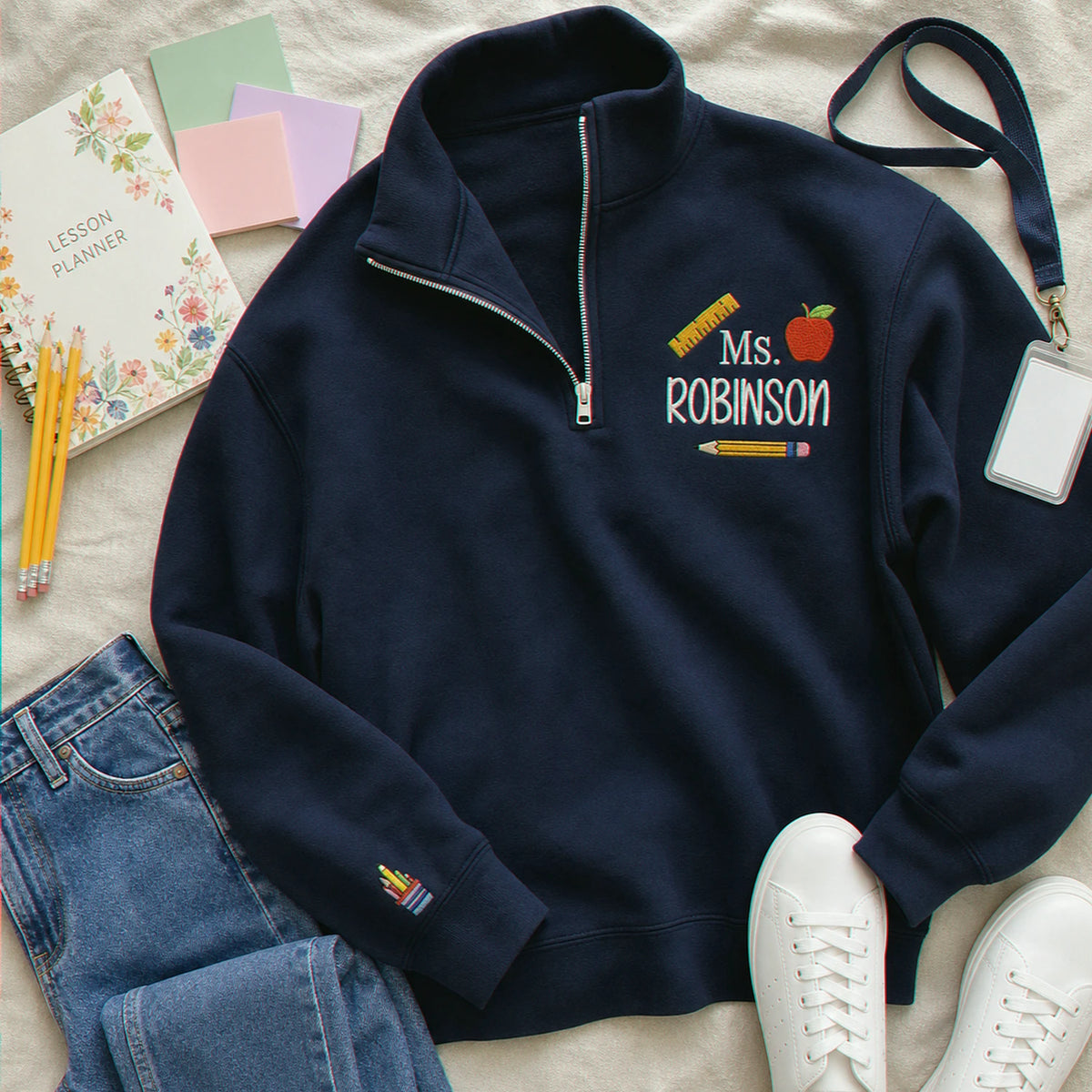 Personalized New Teacher Quarter Zip for Girlfriend - Embroidered Name with Boho Apple Pencil - First Time Teacher Gift for Her