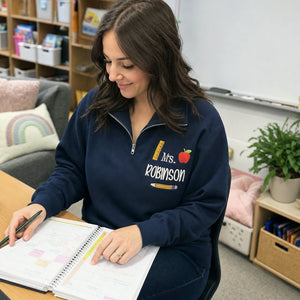 Personalized New Teacher Quarter Zip for Girlfriend - Embroidered Name with Boho Apple Pencil - First Time Teacher Gift for Her