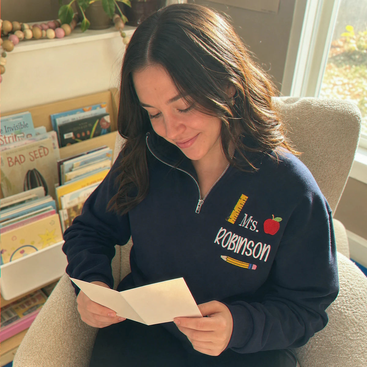 Personalized New Teacher Quarter Zip for Girlfriend - Embroidered Name with Boho Apple Pencil - First Time Teacher Gift for Her