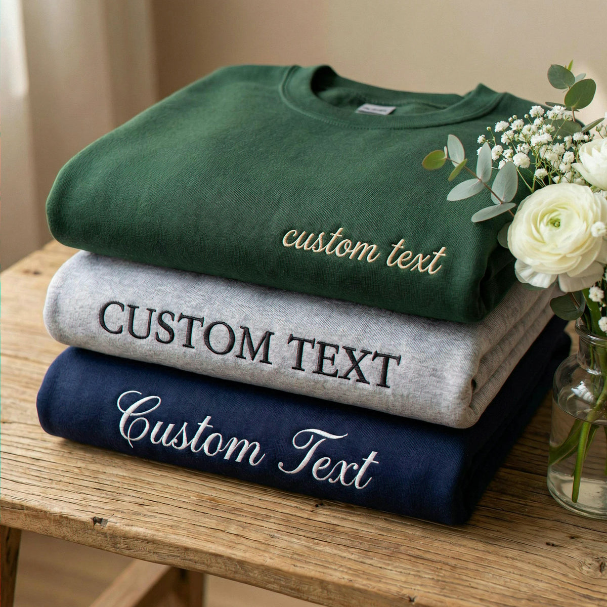 Custom Embroidered Sweatshirt with Personalized Text, Minimalist Anniversary, Wedding or Birthday Gift for Him Her