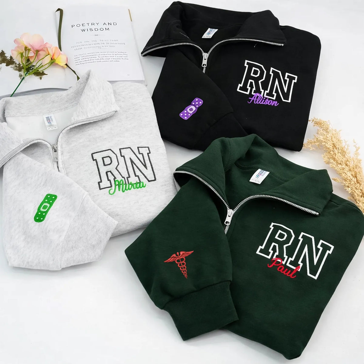 Custom Embroidered Title Nursing Quarter Zip Sweatshirt with Name, Gift for Registered Nurse, Nursing Assistant